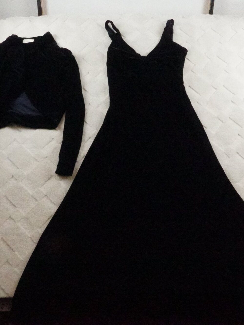 Vintage Bruno Duluc Navy Velvet Maxi Dress with Crop Jacket Set Womens Medium